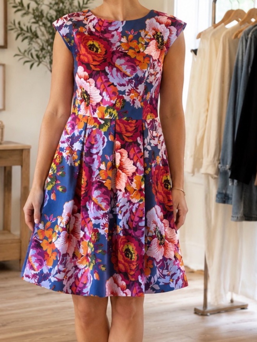 IMNYC Floral Fit & Flare Dress Size 6 Blue Pink Orange Pleated